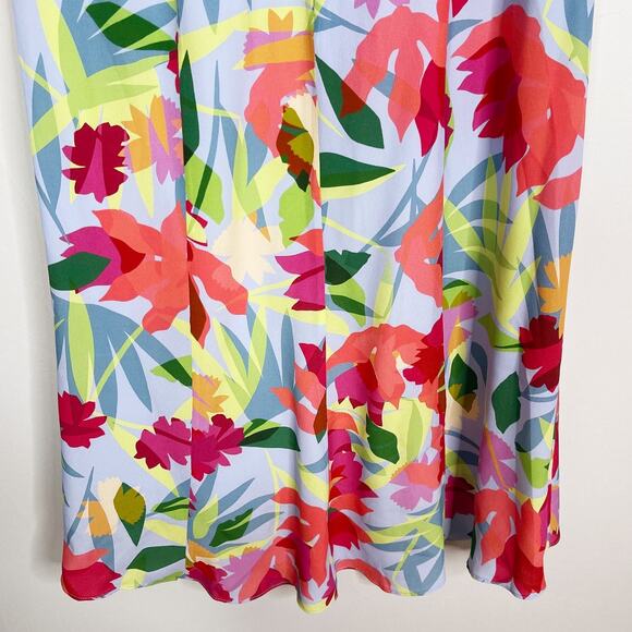 Nicole Miller Small Blue Pink Floral Oasis Silk Ruffle Midi Dress VNeck Cocktail - Picture 8 of 12